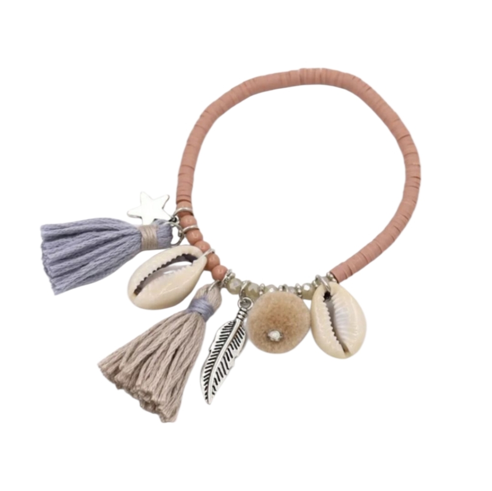 Boho Jewelry Bracelet for Women, Colorful Clay Beads with Tassel Shell
